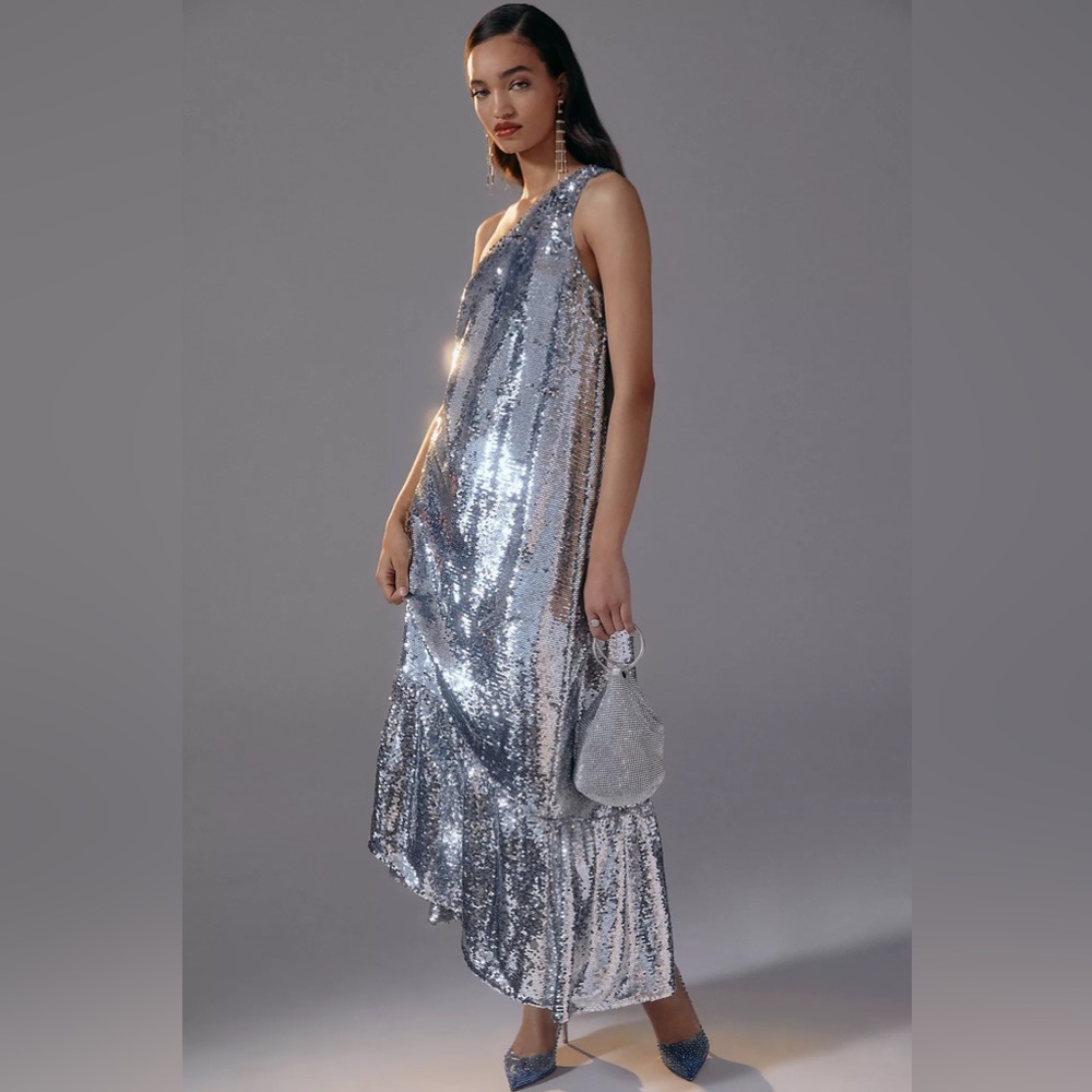 Anthropologie Silver Sequin Maxi Dress